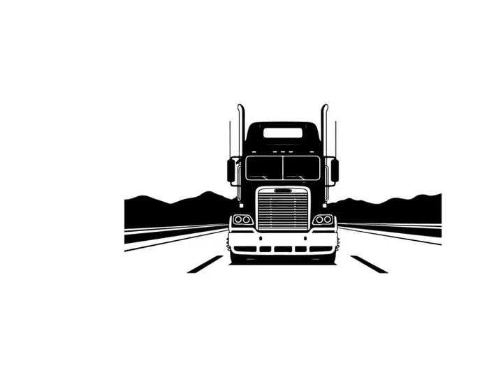 Semi truck silhouette on open road with mountains