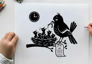 Silhouette of bird feeding nest with kittens and clock