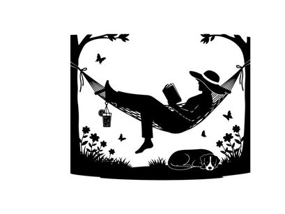 Relaxing silhouette of a man in a hammock with dog and butterflies