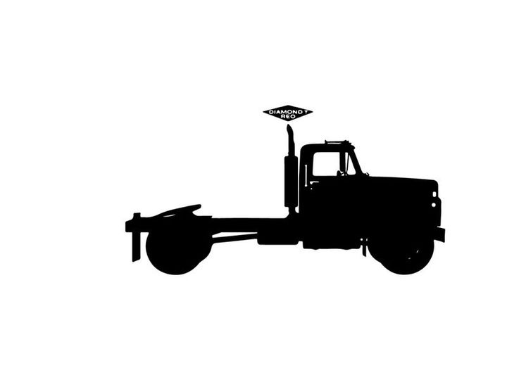 Silhouette of a semi truck with red stop sign on a white background