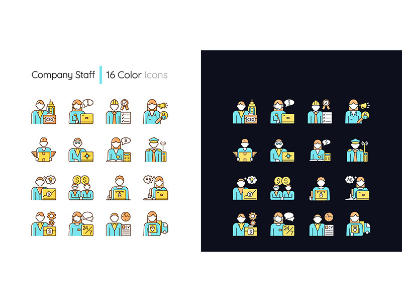Company staff related light and dark theme RGB color icons set