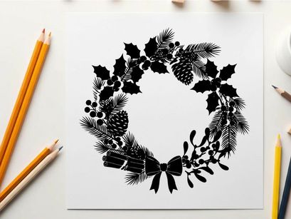 Christmas wreath silhouette with pinecones and ribbons