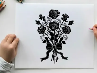 Silhouette of a bouquet of roses with a ribbon