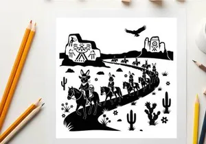 Western desert landscape with cowboy and donkey silhouette