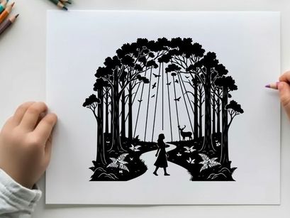 Silhouette of a girl in a forest with deer silhouette