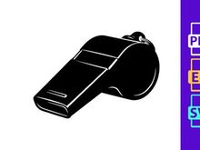 A black plastic whistle with a distinctive shape and three horizontal lines