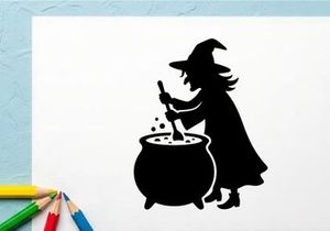Silhouette einer Hexe, die in einer magischen Umgebung einen Kessel umrührt