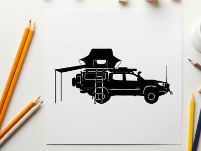 Silhouette of a car with rooftop tent and awning