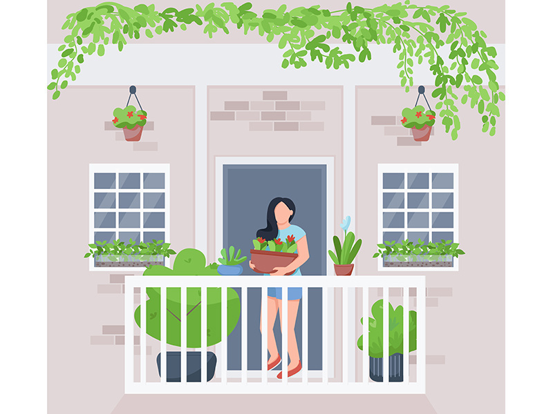 Balcony garden flat color vector illustration