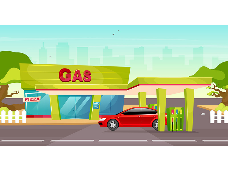 Gas station flat color vector illustration