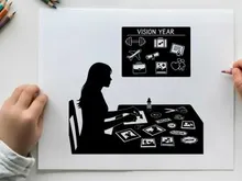 Silhouette of woman creating vision board with various images and objects silhouette