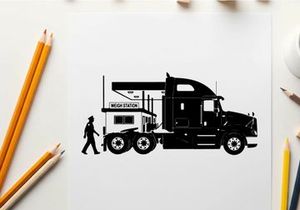 Silhouette of a man walking next to a large semi truck silhouette