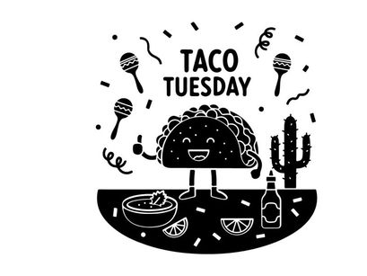 Taco tuesday silhouette graphic with festive maracas and food