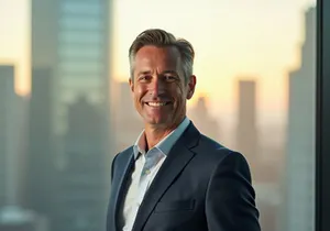 A confident businessman in a suit stands near a window with a city skyline.