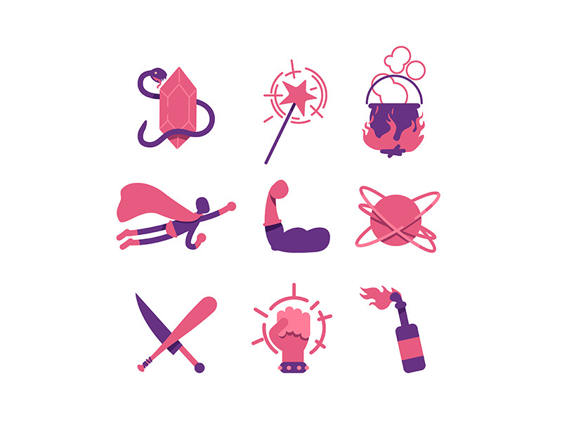 Fantasy and comic flat color vector objects set