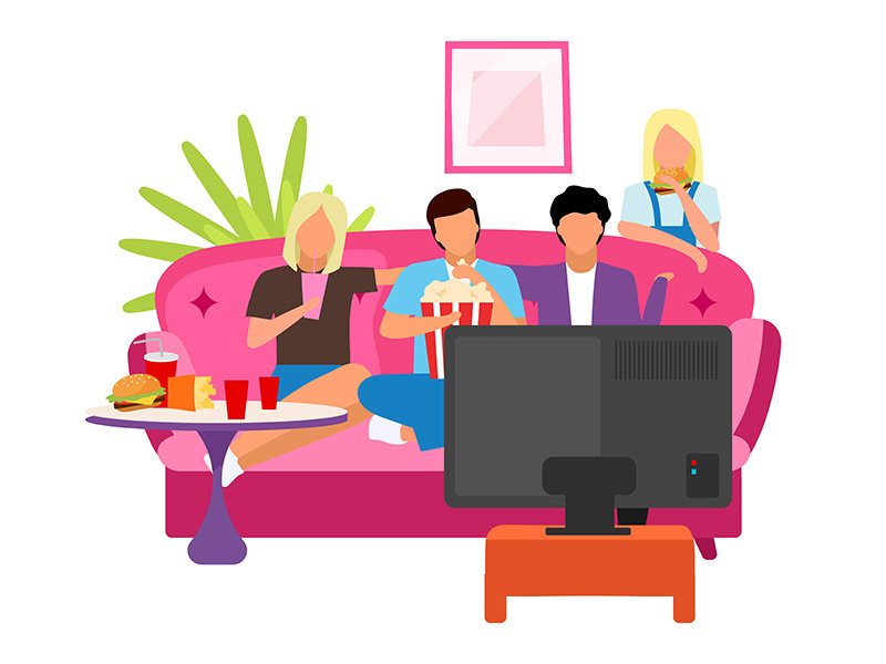 Friends together watching movie flat illustration