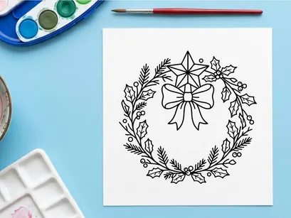 Christmas wreath line art with star and bow, festive holiday vector illustration design.