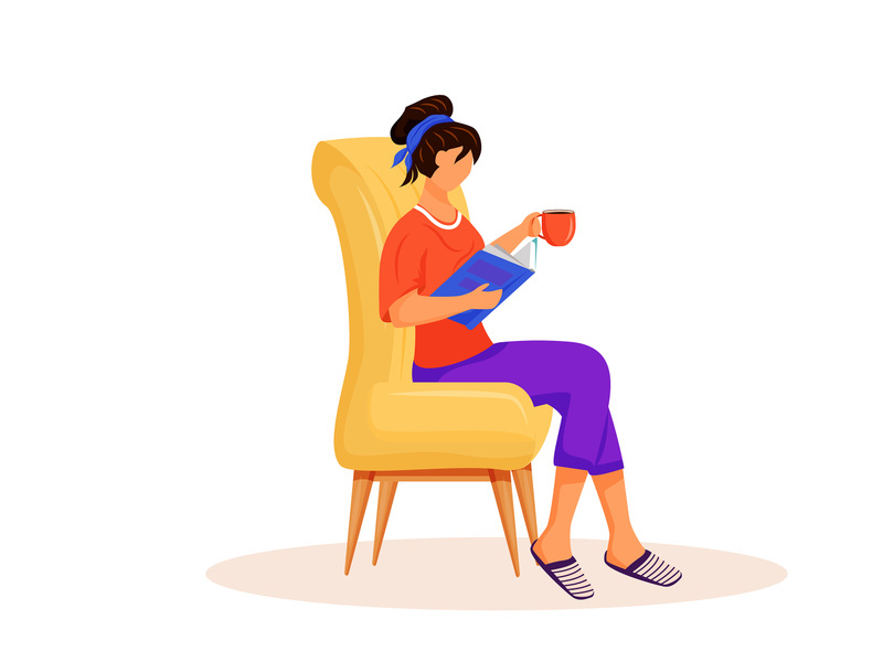 Woman reading book flat color vector faceless character