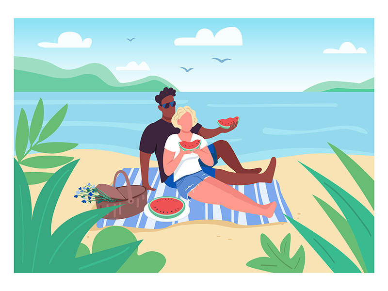 Romantic picnic on beach flat color vector illustration