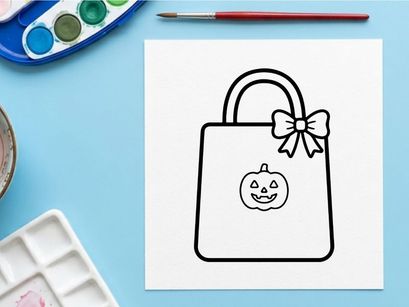 Halloween pumpkin face on gift bag with bow. Cute cartoon jack-o-lantern drawstring party favor for kids and adults.