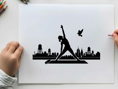 Silhouette of a woman practicing yoga outdoors in city silhouette