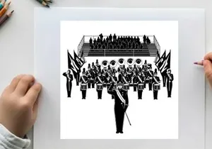 Marching band performance in silhouette at outdoor stadium