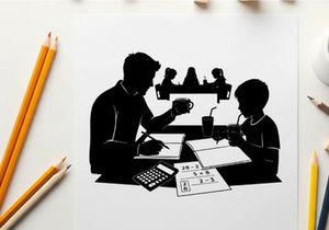Silhouette of a man and a child studying together at a table