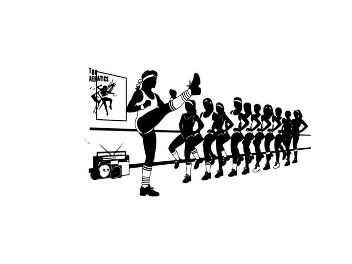 Silhouette of a woman leading a line of dancing silhouettes