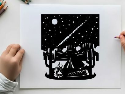 A desert camping scene with a shooting star streaking across the night sky