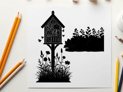 Silhouette of a birdhouse with flowers and trees in the background silhouette