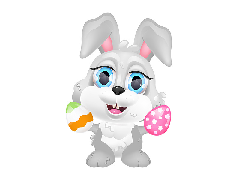 Cute Easter bunny with eggs kawaii cartoon vector character