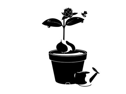 Silhouette of a potted plant with a watering can
