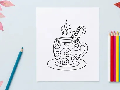 Ilustración de línea de arte navideño de taza de chocolate caliente con bastón de caramelo para página de actividad para colorear