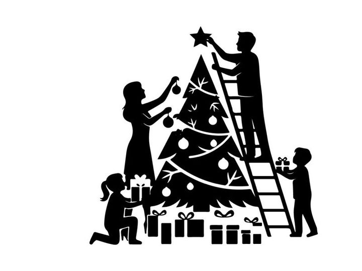 Family decorating christmas tree silhouette
