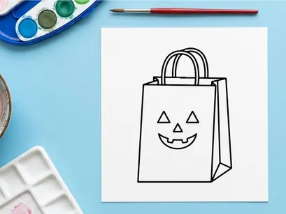 Sacola de compras com rosto de abóbora de Halloween isolada em fundo branco. Bolsa de trick-or-treat assustadora com design de abóbora para promoções sazonais no varejo.