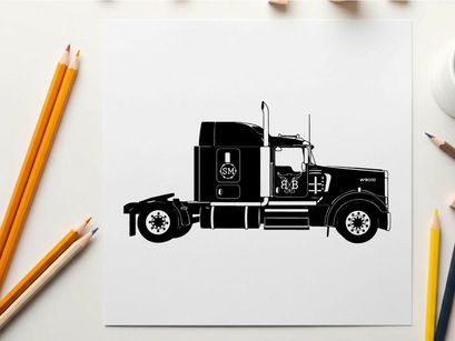 Silhouette of a large black semi truck on a white background
