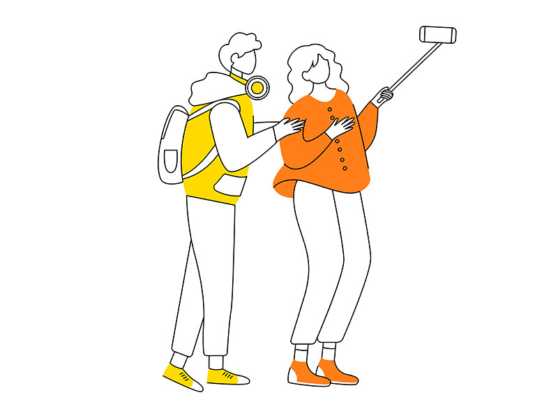 Young couple making selfie flat contour vector illustration