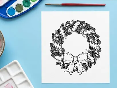 Ilustrasi seni garis karangan bunga Natal dengan pita meriah dan daun holly untuk mewarnai