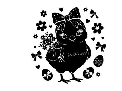 Silhouette of a cute chick with bow and flowers