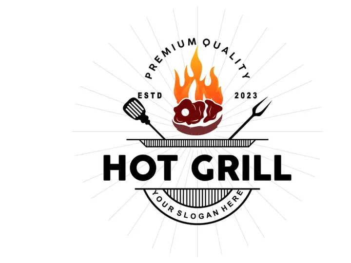 Barbeque Logo, Hot Grill Design With Fire And Spatula, Vector BBQ Grill Vintage
