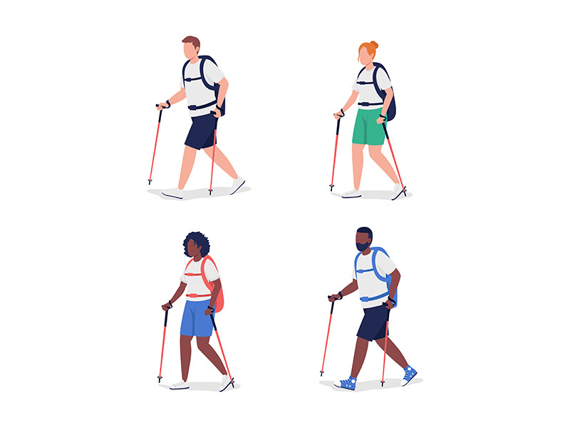 Hikers semi flat color vector character set
