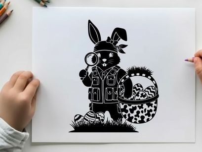 Easter bunny silhouette with magnifying glass and basket