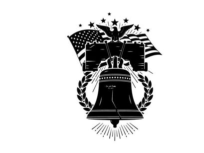 Liberty bell silhouette with american flags and eagle