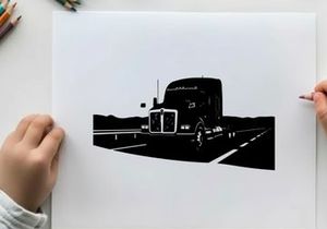 Silhouette of a semi truck driving on a highway with mountains