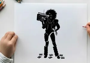 Silhouette of a woman holding a boombox radio device