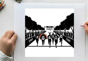 Runners in silhouette approach finish line with crowd and trees
