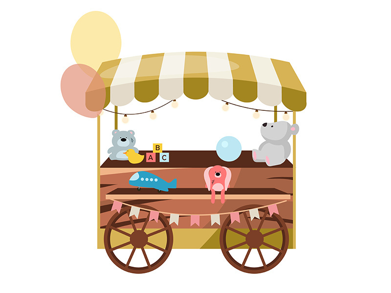 Street market wooden cart with toys flat vector illustration