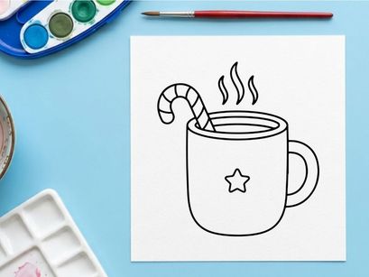 Steaming Christmas coffee mug with candy cane stirrer and festive star design on white background