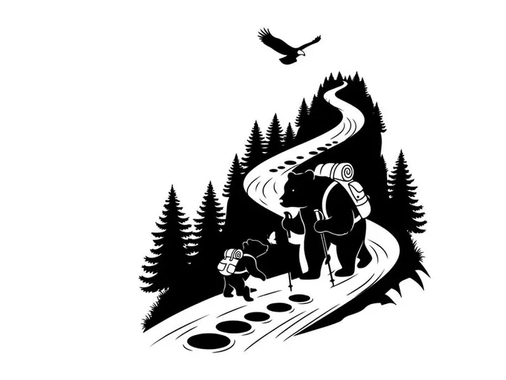 Hikers on a winding road with silhouette of a bird