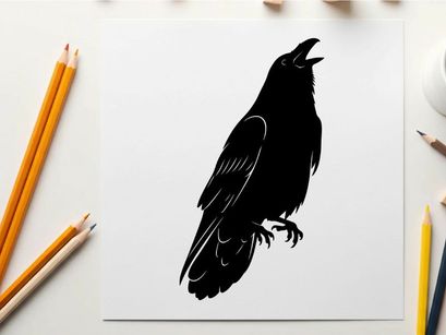 Silhouette of a crow or raven in mid call